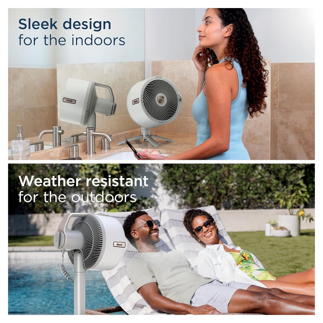 Two fans in different settings, one indoors on a counter, one outdoors by a pool