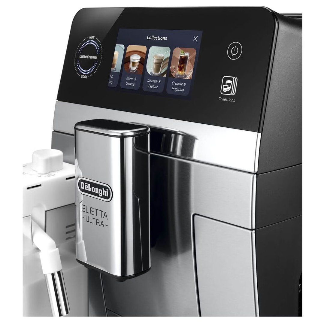Close-up of a DeLonghi Eletta Ultra coffee machine with screen displaying collections