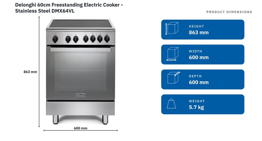 Delonghi 60cm Freestanding Electric Cooker - Stainless Steel DMX64VL