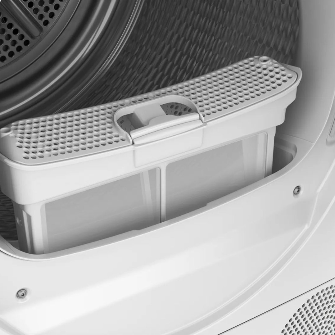 Close-up of the lint filter inside a Bosch heat pump dryer