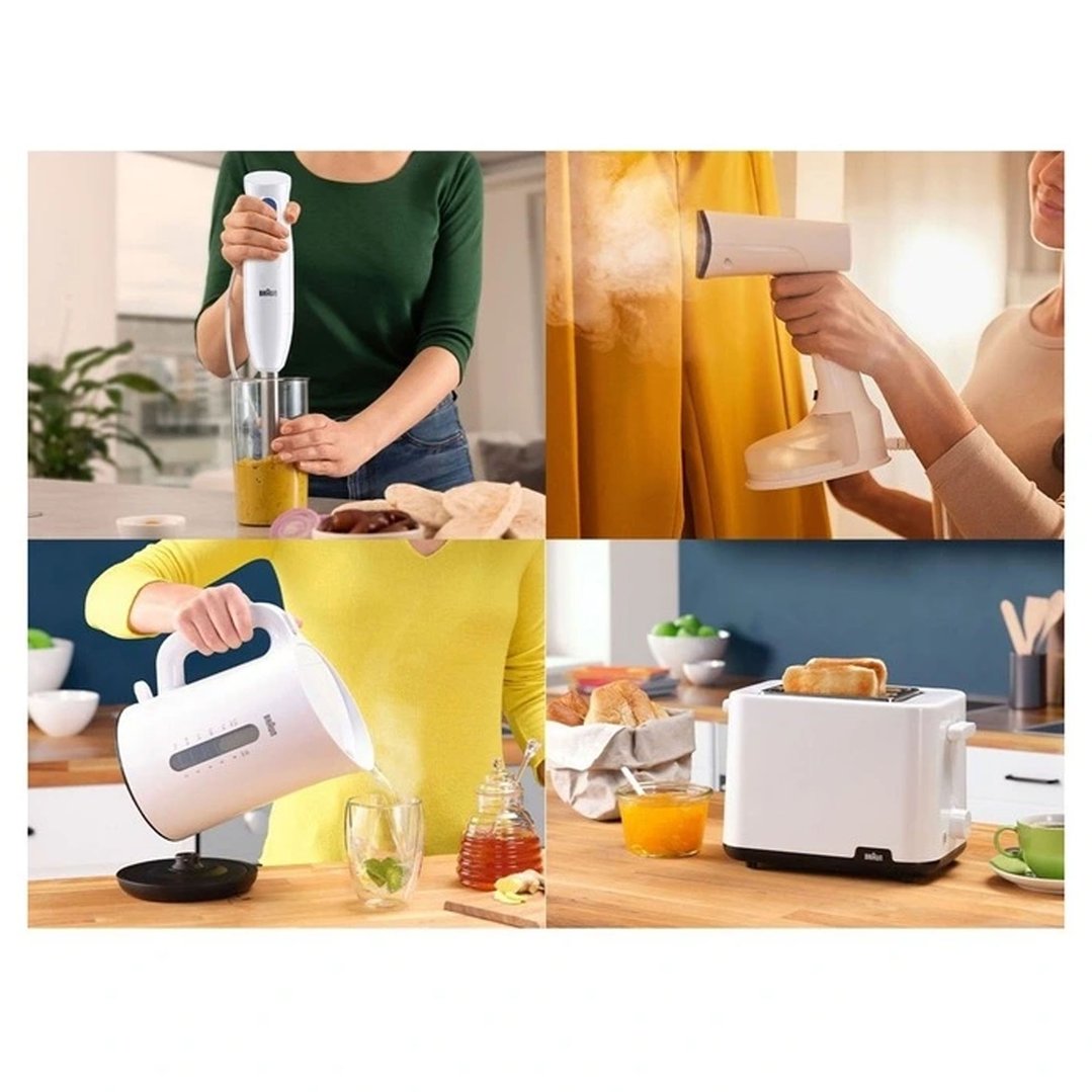 Four scenes showing a hand blender, garment steamer, kettle, and toaster in use