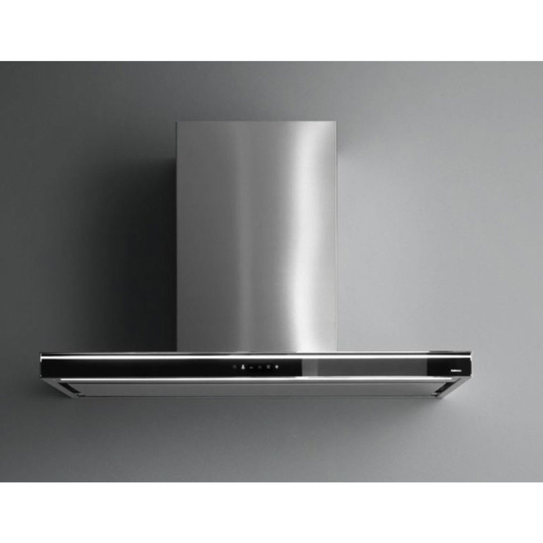 Stainless steel wall canopy rangehood mounted on a grey wall