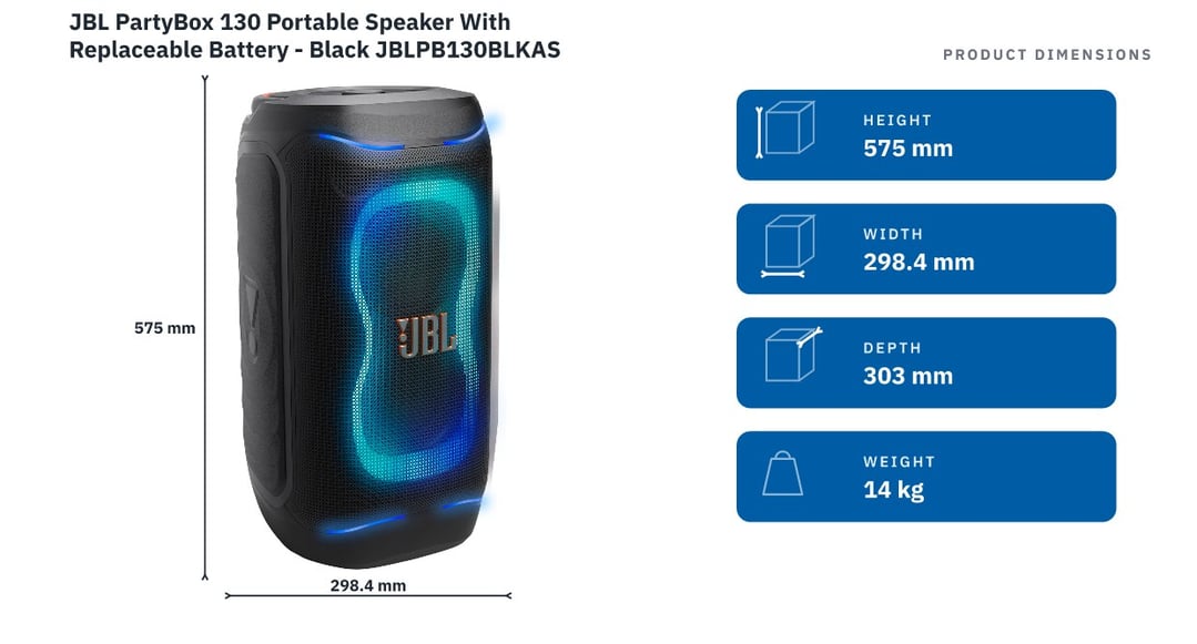 JBL PartyBox 130 Portable Speaker With Replaceable Battery - Black JBLPB130BLKAS — product dimensions