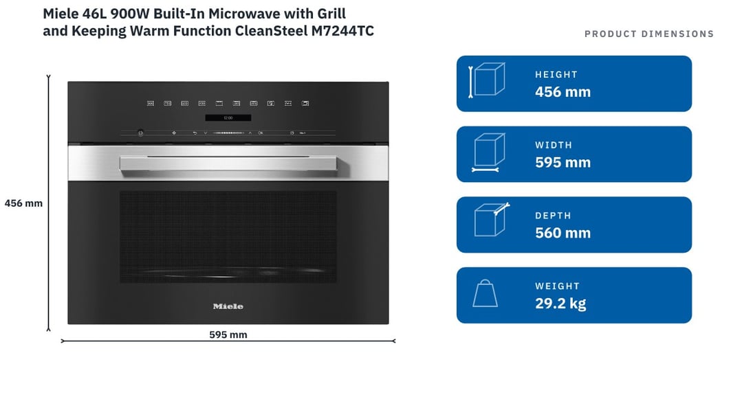 Miele 46L 900W Built-In Microwave with Grill and Keeping Warm Function CleanSteel M7244TC