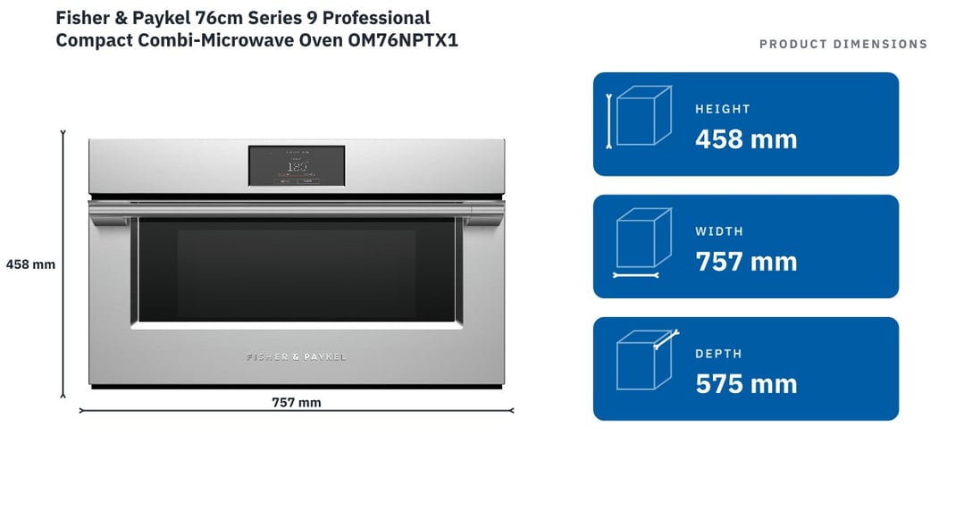 Fisher & Paykel 76cm Series 9 Professional Compact Combi-Microwave Oven OM76NPTX1 — product dimensions