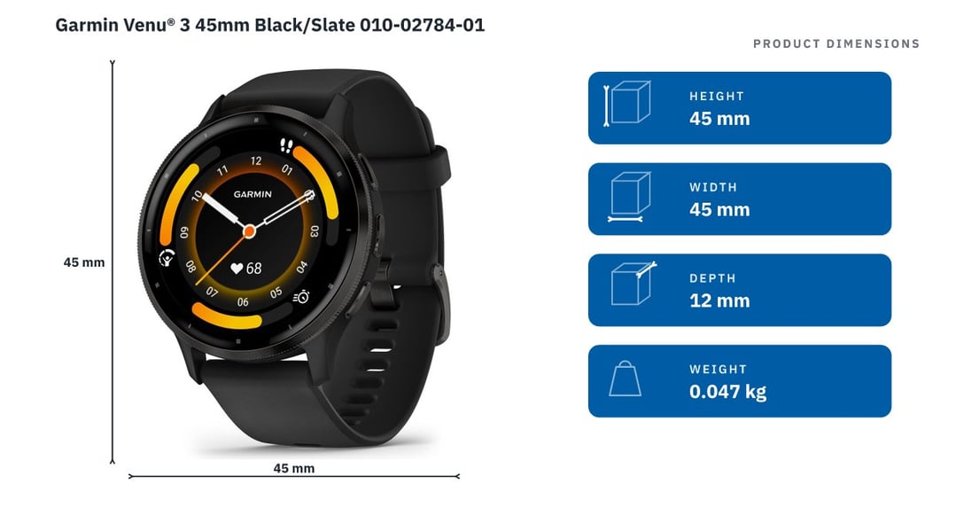 Garmin Venu® 3 45mm Black/Slate 010-02784-01 — product dimensions