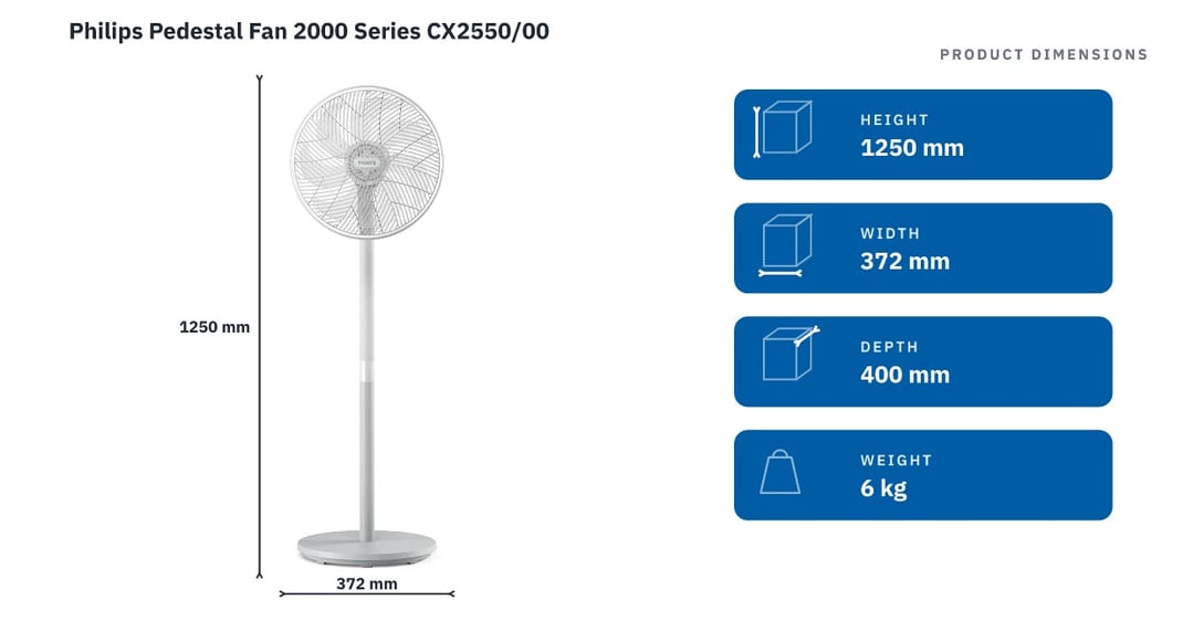 Philips Pedestal Fan 2000 Series CX2550/00 — product dimensions