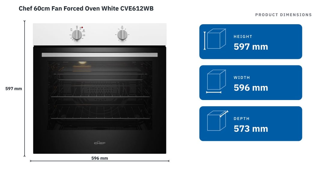 Chef 60cm Fan Forced Oven White CVE612WB — product dimensions