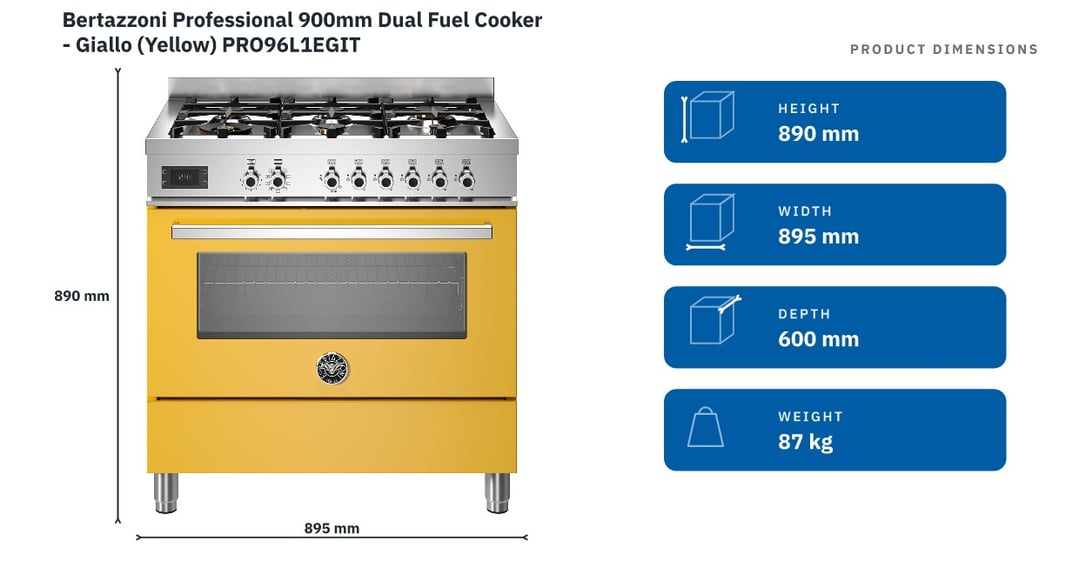 Bertazzoni Professional 900mm Dual Fuel Cooker - Giallo (Yellow) PRO96L1EGIT — product dimensions