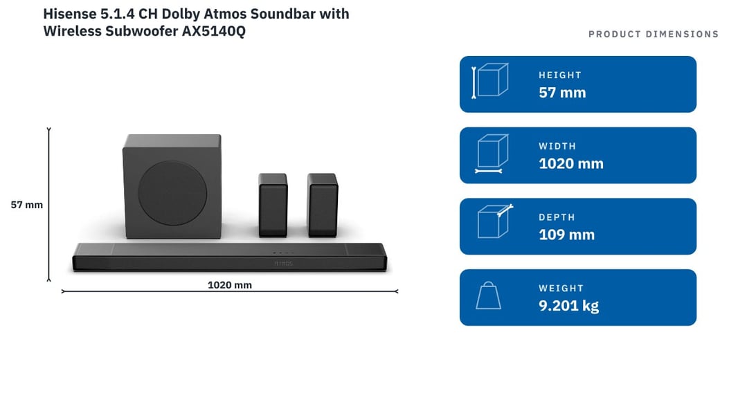 Hisense 5.1.4 CH Dolby Atmos Soundbar with Wireless Subwoofer AX5140Q