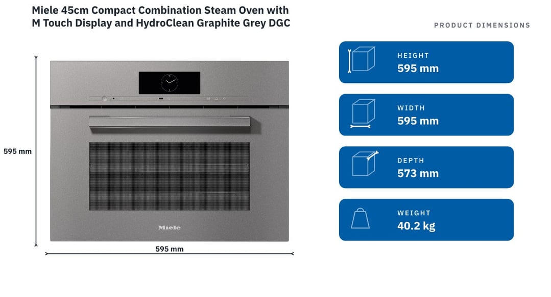 Miele 45cm Compact Combination Steam Oven with M Touch Display and HydroClean Graphite Grey DGC7840HCPROGRGR — product dimensions