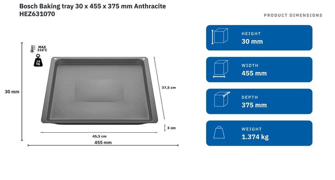Bosch Baking tray 30 x 455 x 375 mm Anthracite HEZ631070 — product dimensions