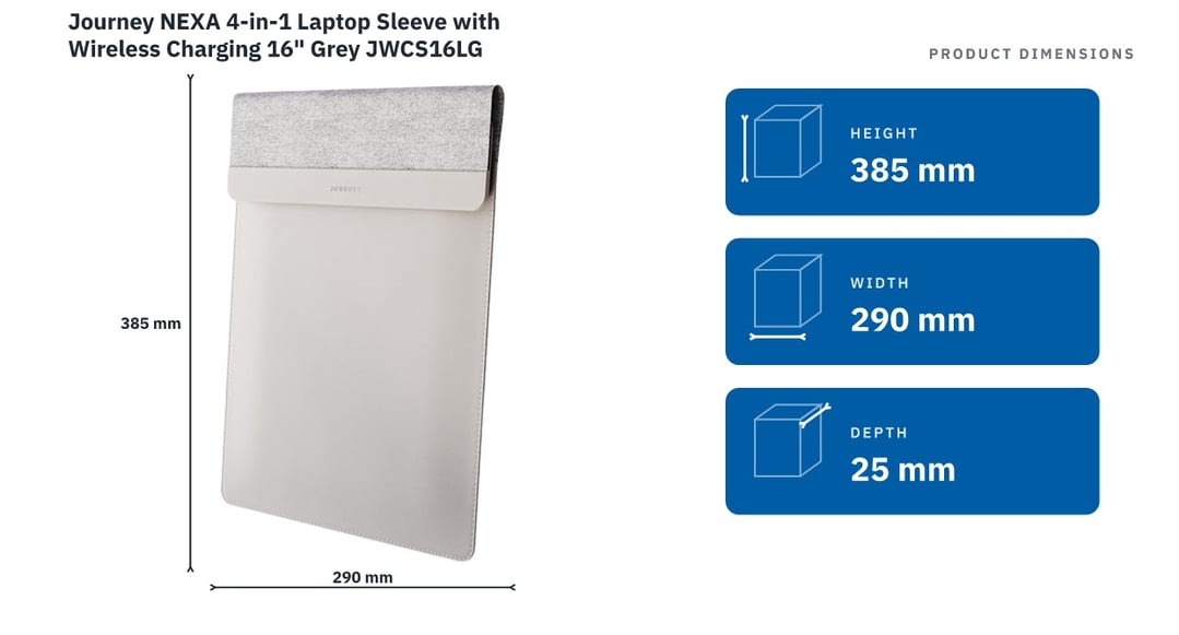 Journey NEXA 4-in-1 Laptop Sleeve with Wireless Charging 16" Grey JWCS16LG — product dimensions