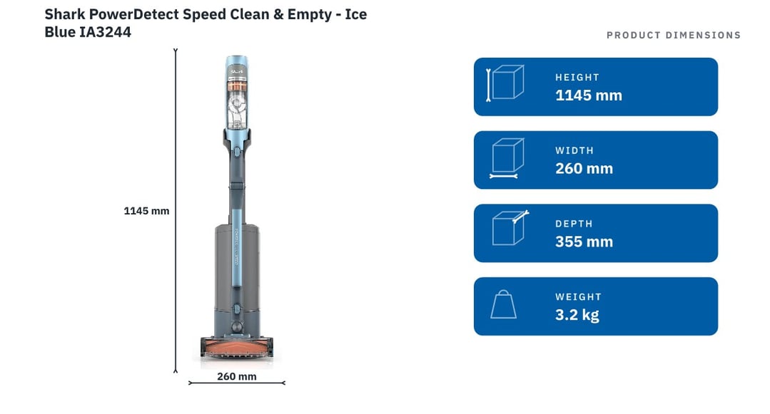 Shark PowerDetect Speed Clean & Empty - Ice Blue IA3244 — product dimensions