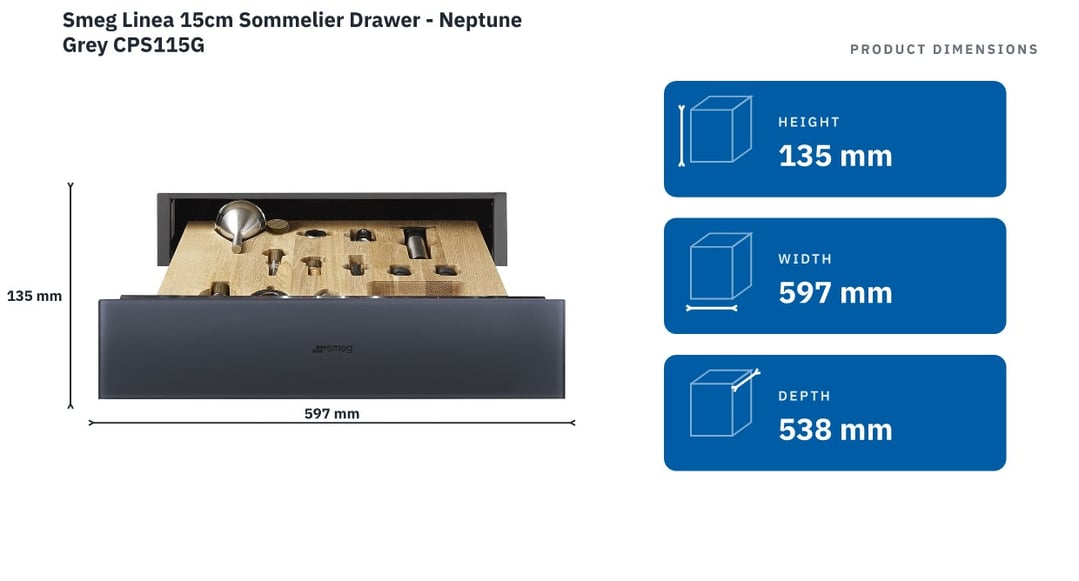 Smeg Linea 15cm Sommelier Drawer - Neptune Grey CPS115G — product dimensions