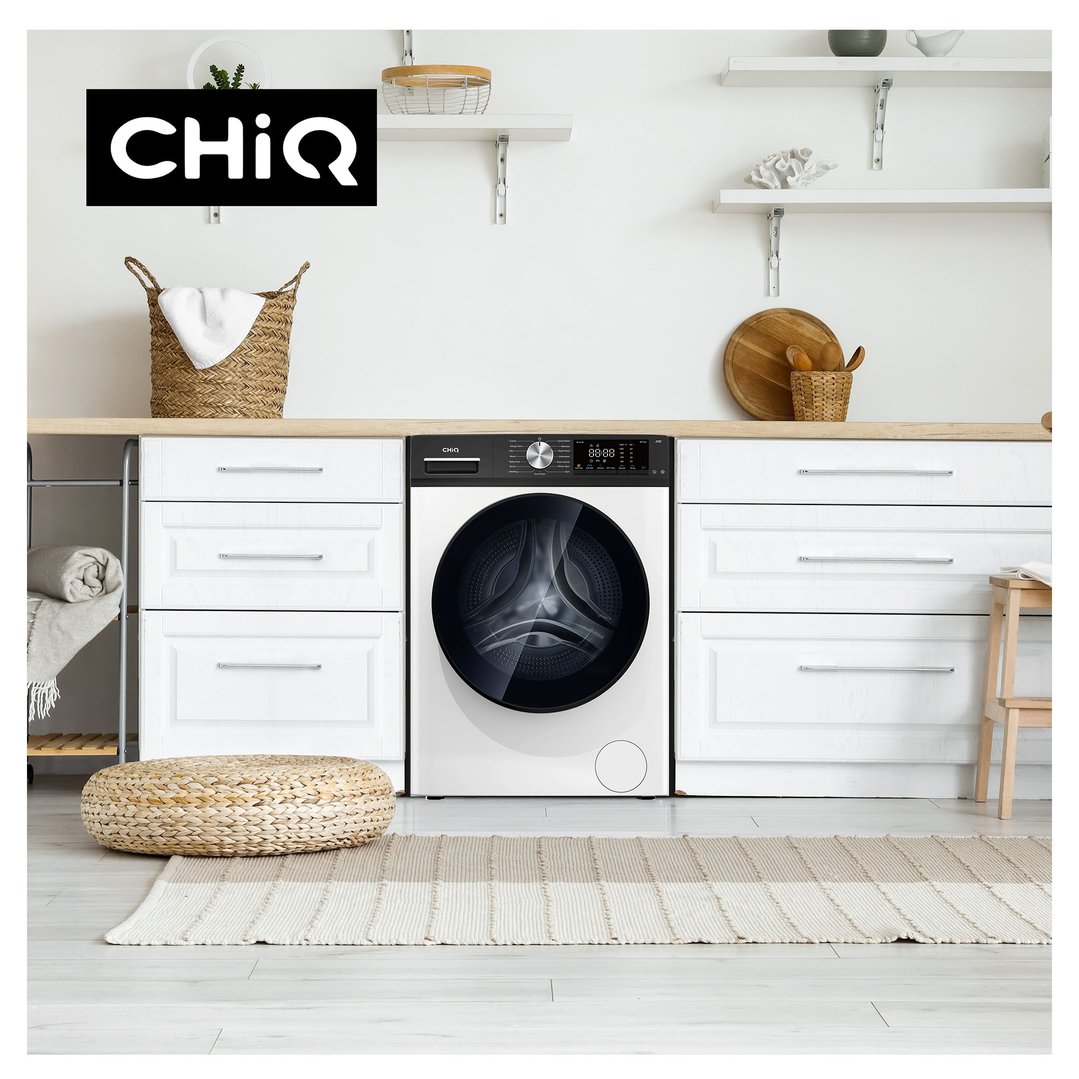 White CHIQ front load washing machine in a modern laundry room