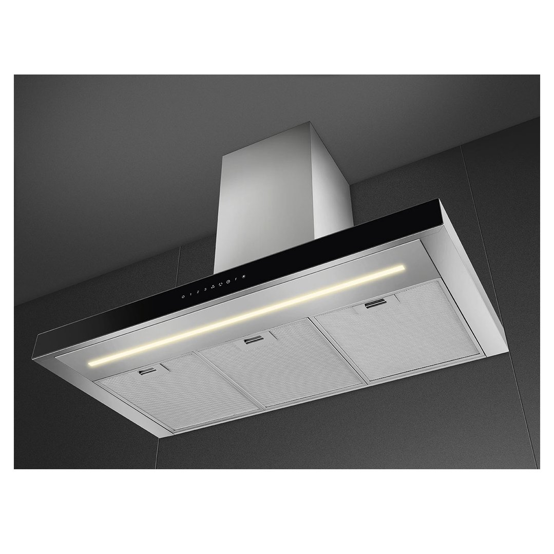 A stainless steel SMEG rangehood with a black panel and LED light