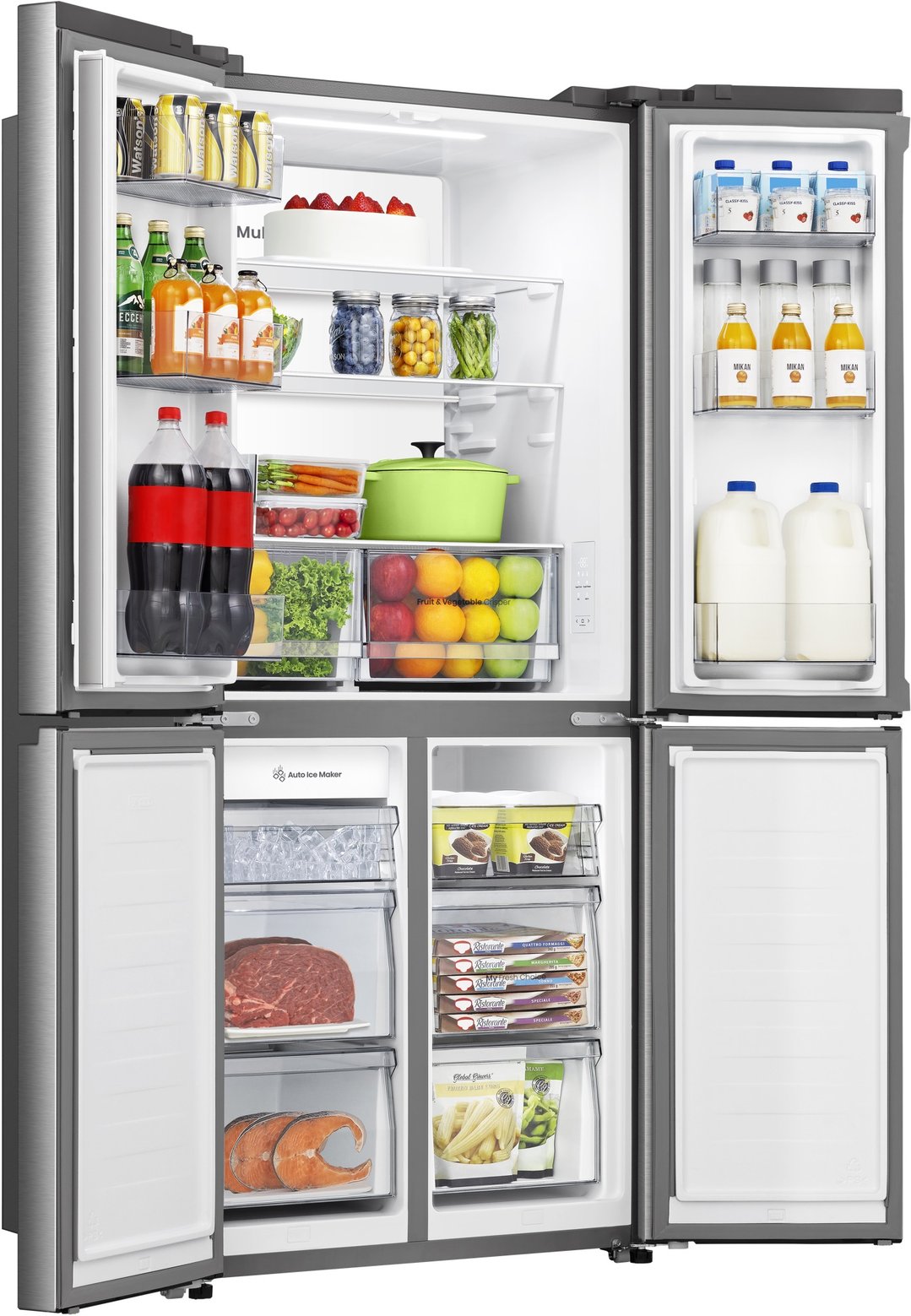Open Hisense French door fridge with food and drinks inside