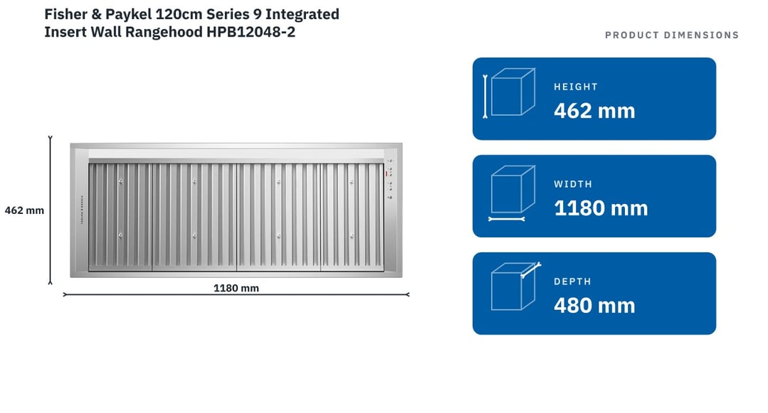 Fisher & Paykel 120cm Series 9 Integrated Insert Wall Rangehood HPB12048-2 — product dimensions