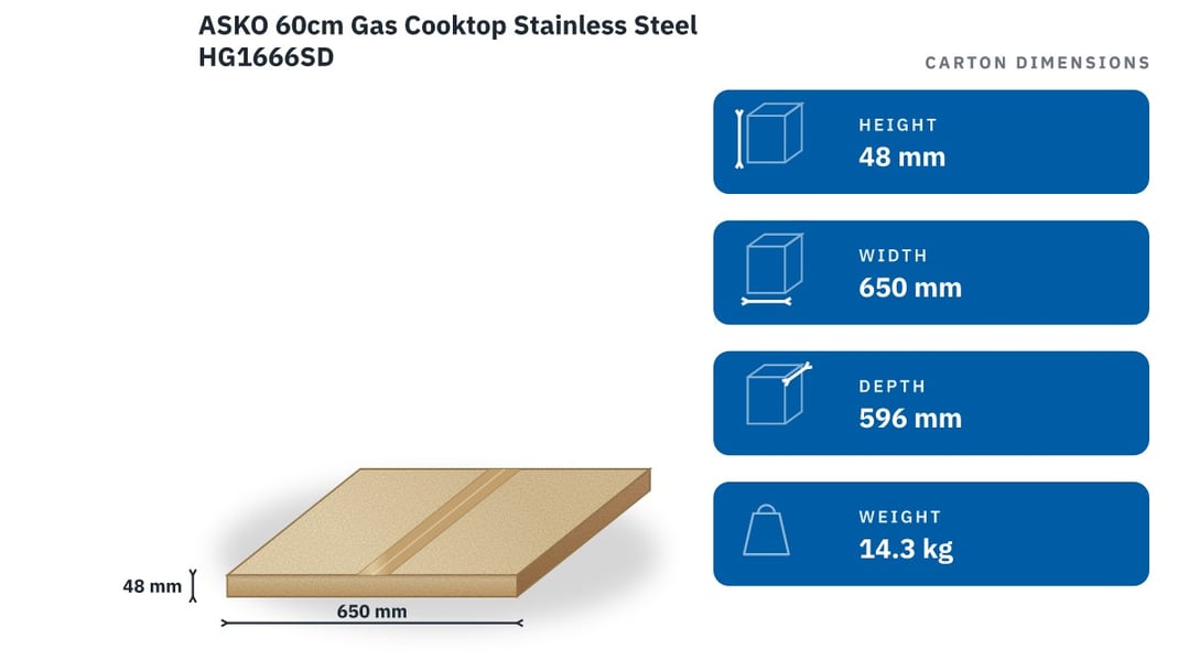 ASKO 60cm Gas Cooktop Stainless Steel HG1666SD — packaged dimensions