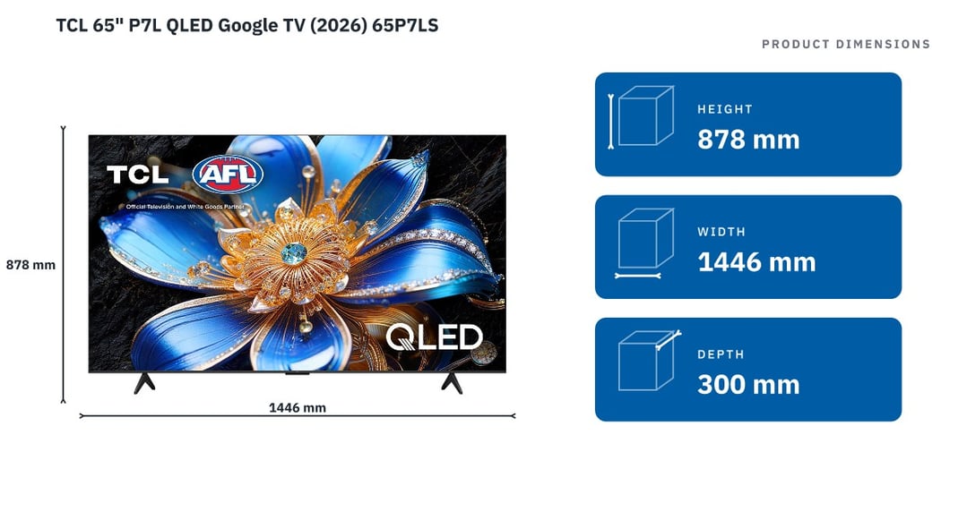 TCL 65" P7L QLED Google TV (2026) 65P7LS — product dimensions
