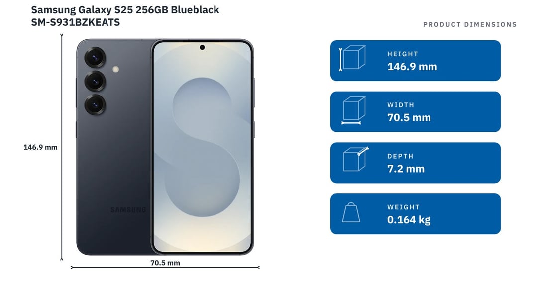 Samsung Galaxy S25 256GB Blueblack SM-S931BZKEATS — product dimensions