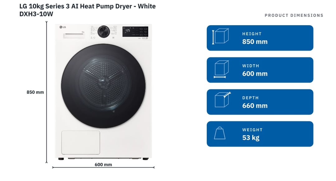 LG 10kg Series 3 AI Heat Pump Dryer - White DXH3-10W — product dimensions