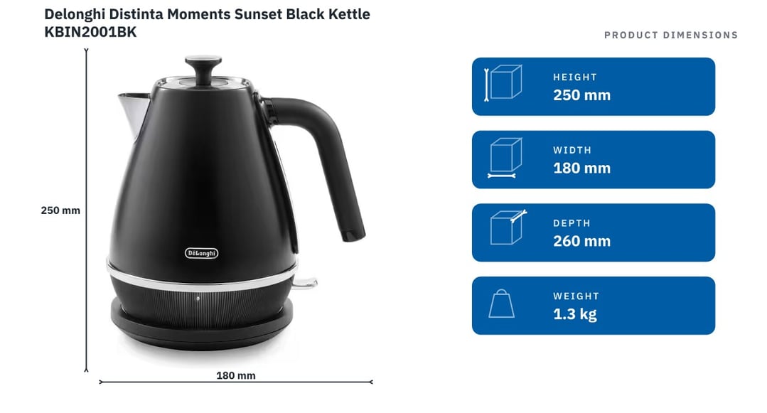 Delonghi Distinta Moments Sunset Black Kettle KBIN2001BK — product dimensions