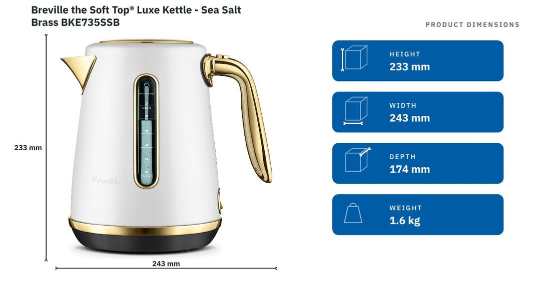 Breville the Soft Top® Luxe Kettle - Sea Salt Brass BKE735SSB — product dimensions