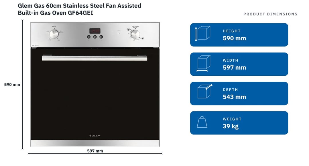 Glem Gas 60cm Stainless Steel Fan Assisted Built-in Gas Oven GF64GEI