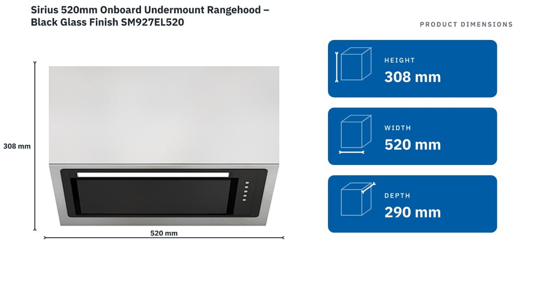 Sirius 520mm Onboard Undermount Rangehood – Black Glass Finish SM927EL520