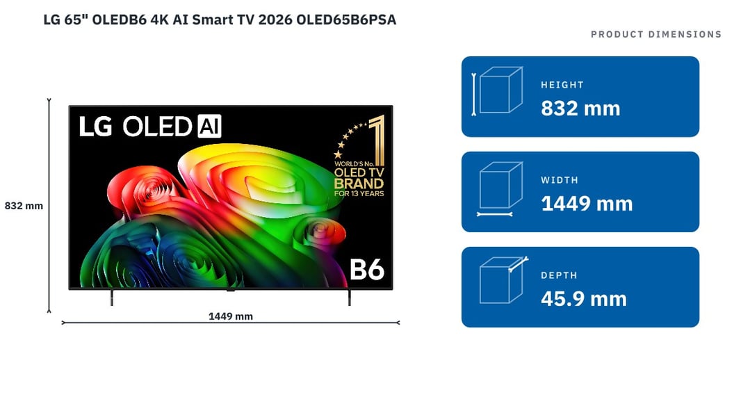LG 65" OLEDB6 4K AI Smart TV 2026 OLED65B6PSA — product dimensions