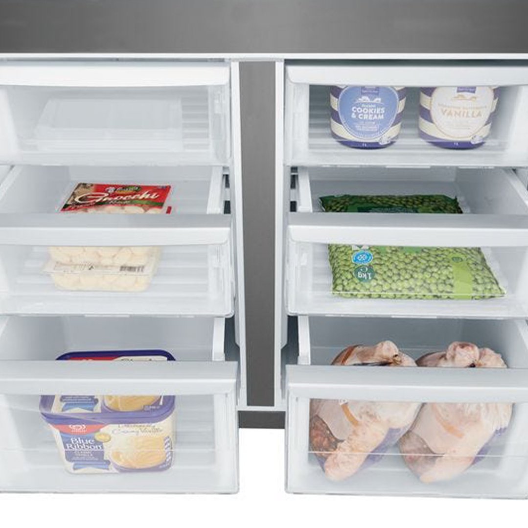 Inside view of a fridge freezer compartment filled with various frozen foods