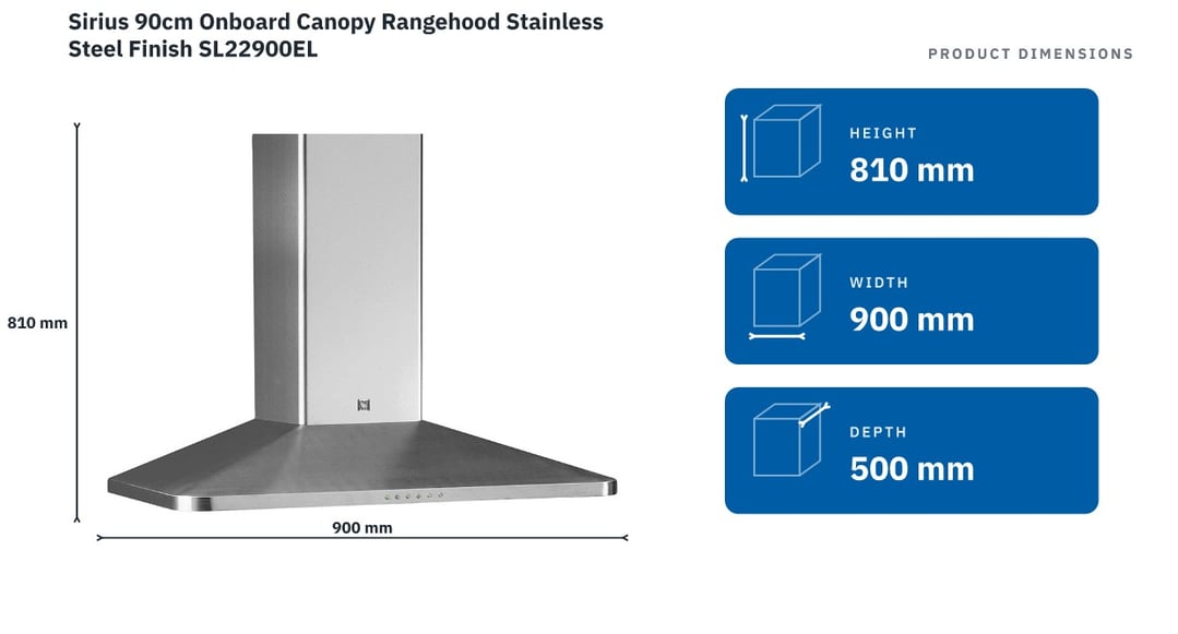 Sirius 90cm Onboard Canopy Rangehood Stainless Steel Finish SL22900EL