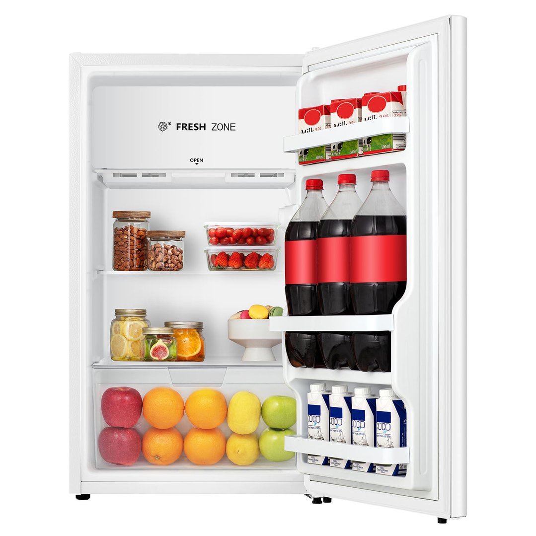 Open white bar fridge filled with food and drinks, viewed from the front