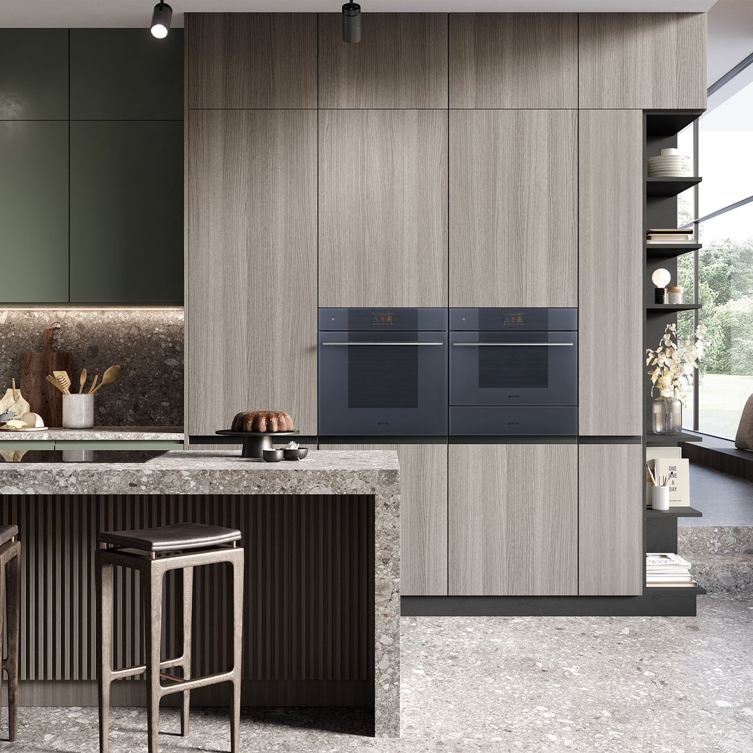 Two built-in ovens in a modern kitchen with a kitchen island