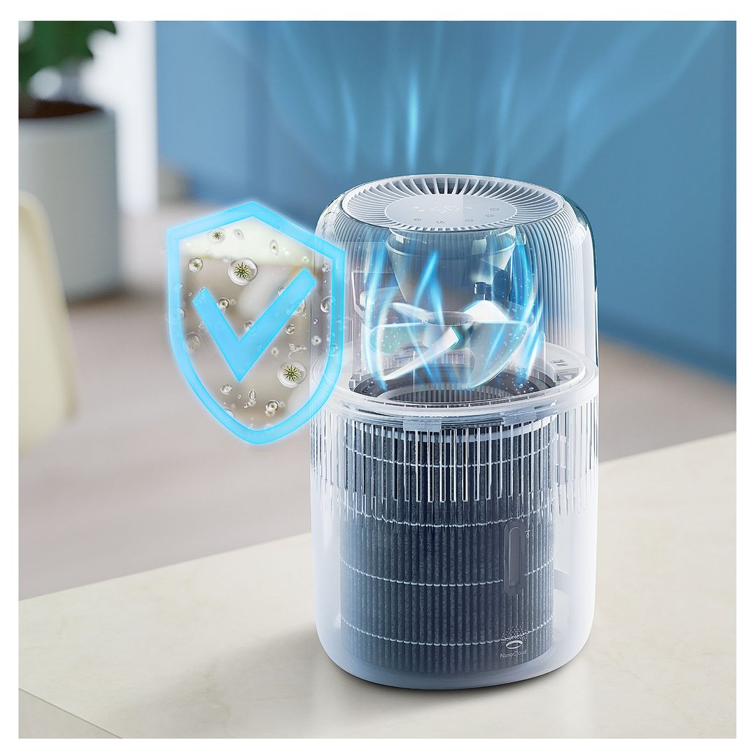 Humidifier with blue light and shield graphic on a table