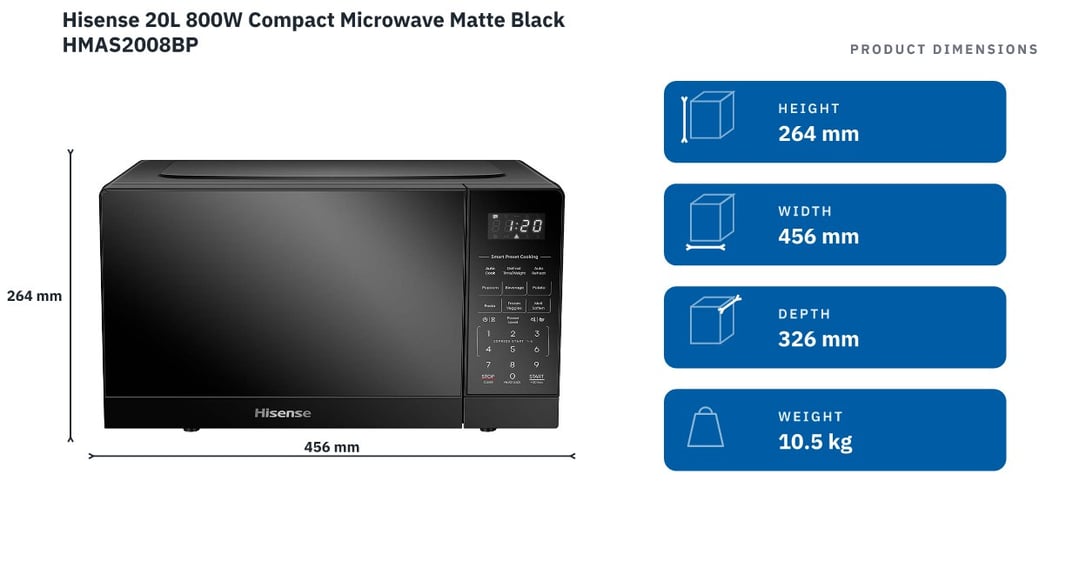 Hisense 20L 800W Compact Microwave Matte Black HMAS2008BP — product dimensions