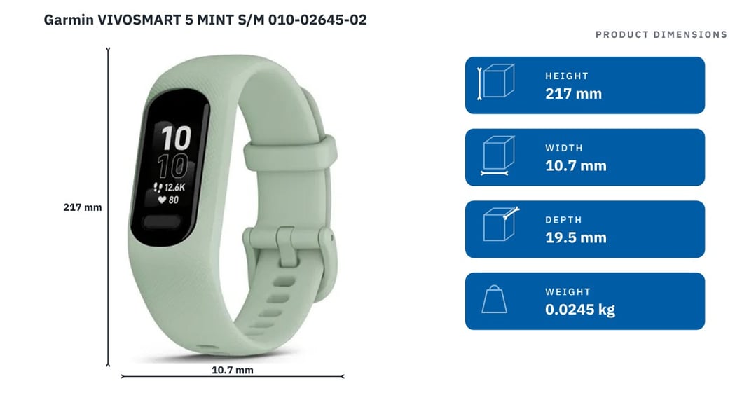 Garmin VIVOSMART 5 MINT S/M 010-02645-02 — product dimensions