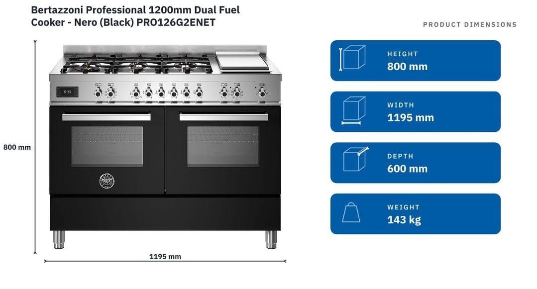 Bertazzoni Professional 1200mm Dual Fuel Cooker - Nero (Black) PRO126G2ENET — product dimensions