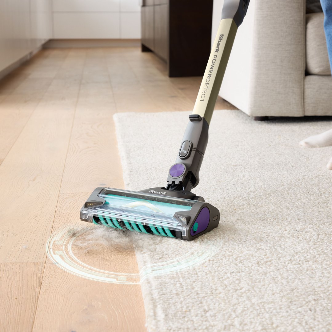 Cordless handstick vacuum cleaning a carpet and hardwood floor in a living room