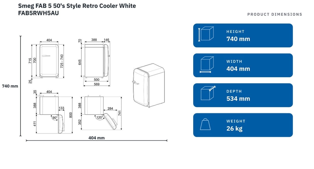 Smeg FAB 5 50's Style Retro Cooler White FAB5RWH5AU