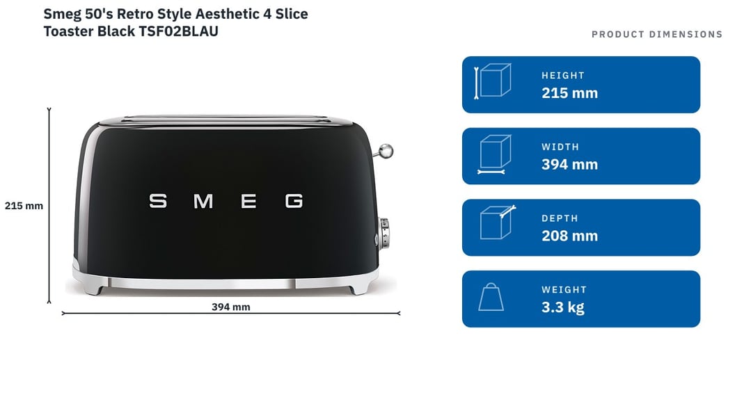 Smeg 50's Retro Style Aesthetic 4 Slice Toaster Black TSF02BLAU