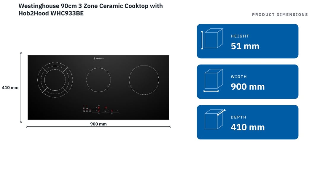 Westinghouse 90cm 3 Zone Ceramic Cooktop with Hob2Hood WHC933BE — product dimensions