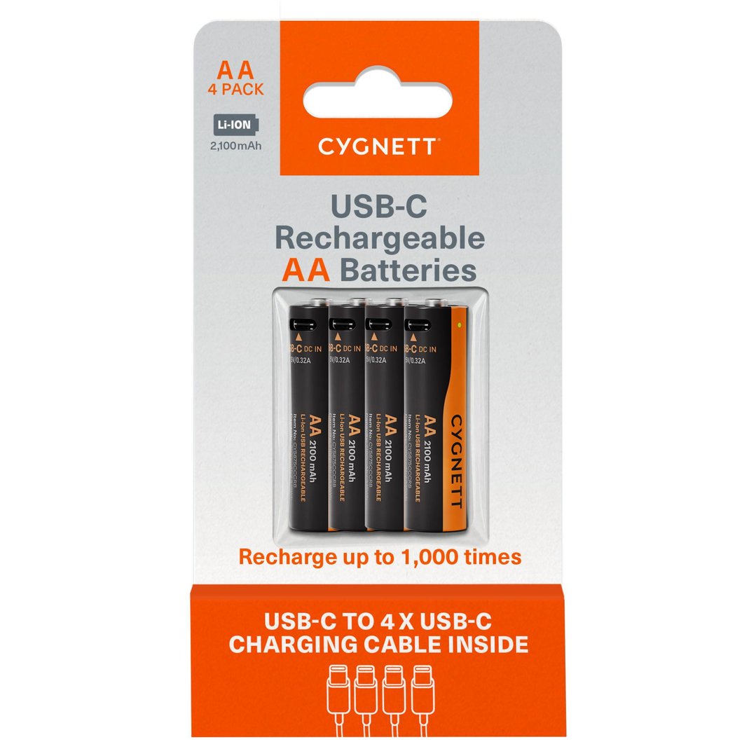 Cygnett AA USB-C Rechargeable Battery - 4 Pack - Black CY5875CCCRB
