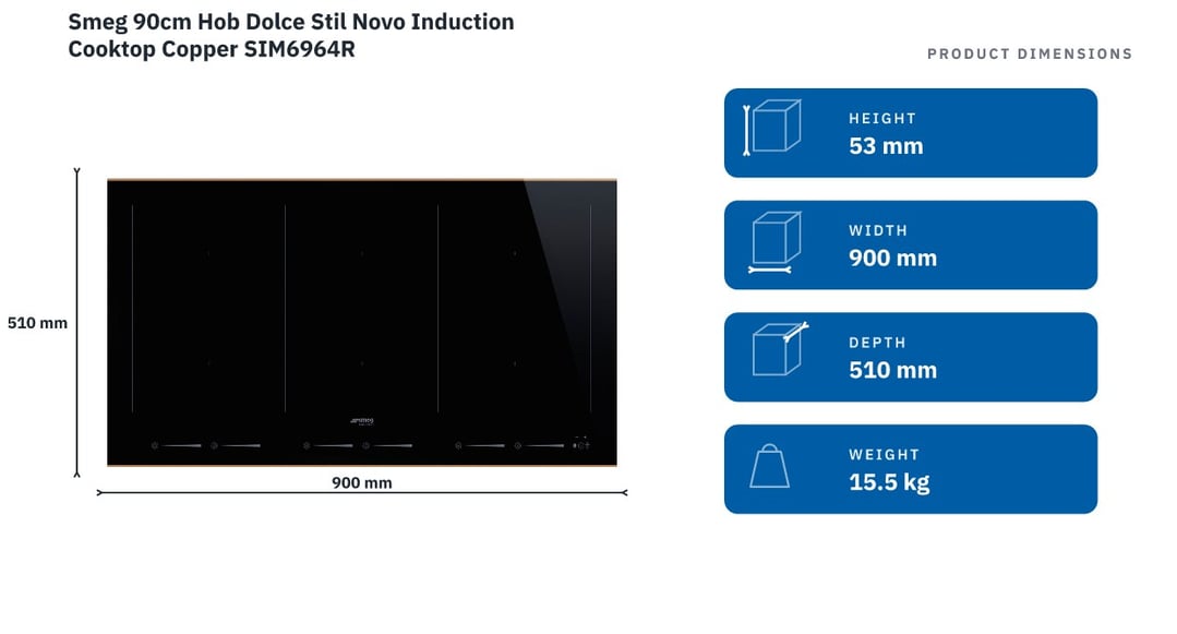 Smeg 90cm Hob Dolce Stil Novo Induction Cooktop Copper SIM6964R — product dimensions