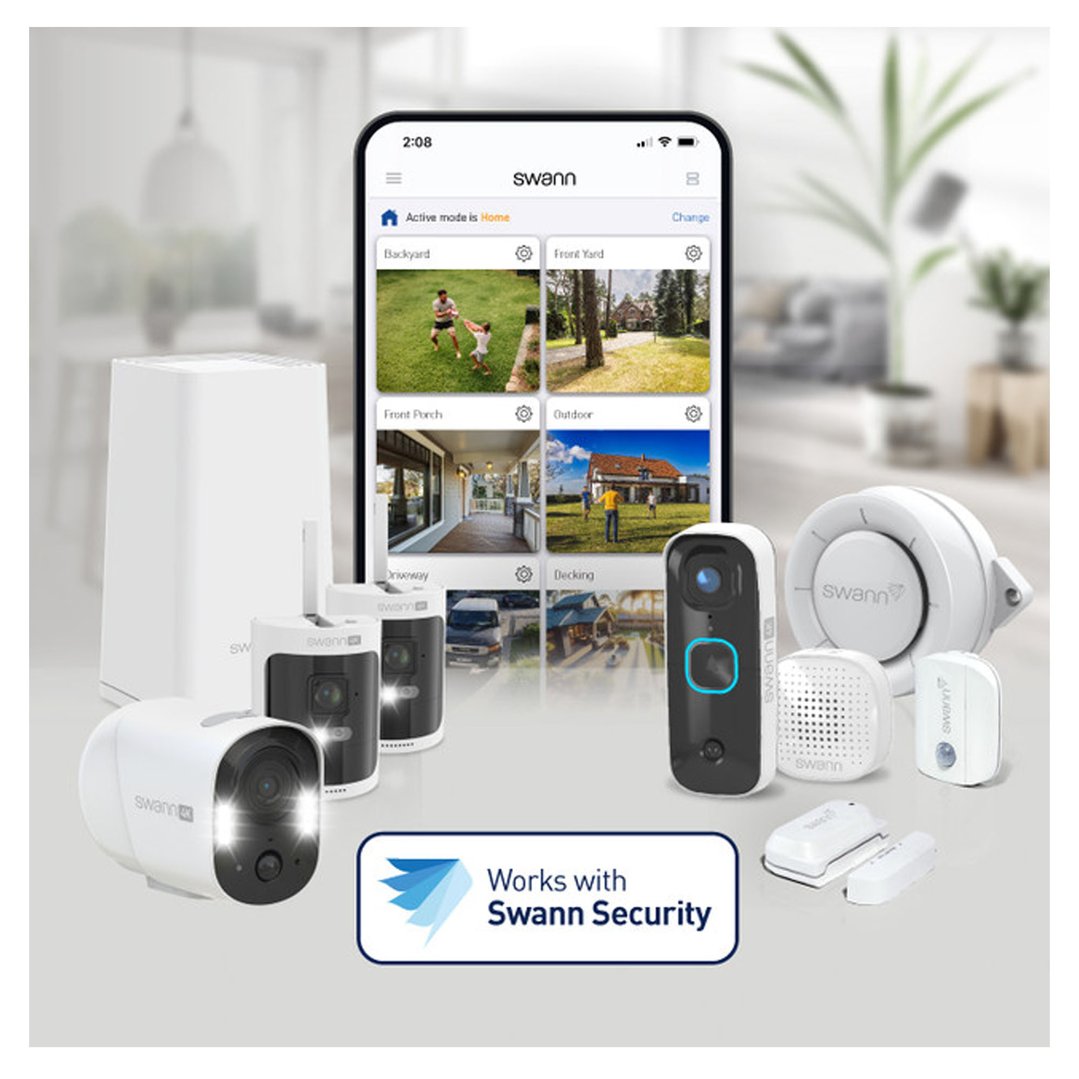 Various Swann security cameras and devices displayed with a smartphone showing the app