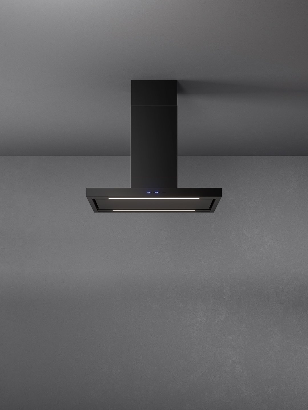 Black island canopy rangehood with lights on, mounted on a dark grey ceiling