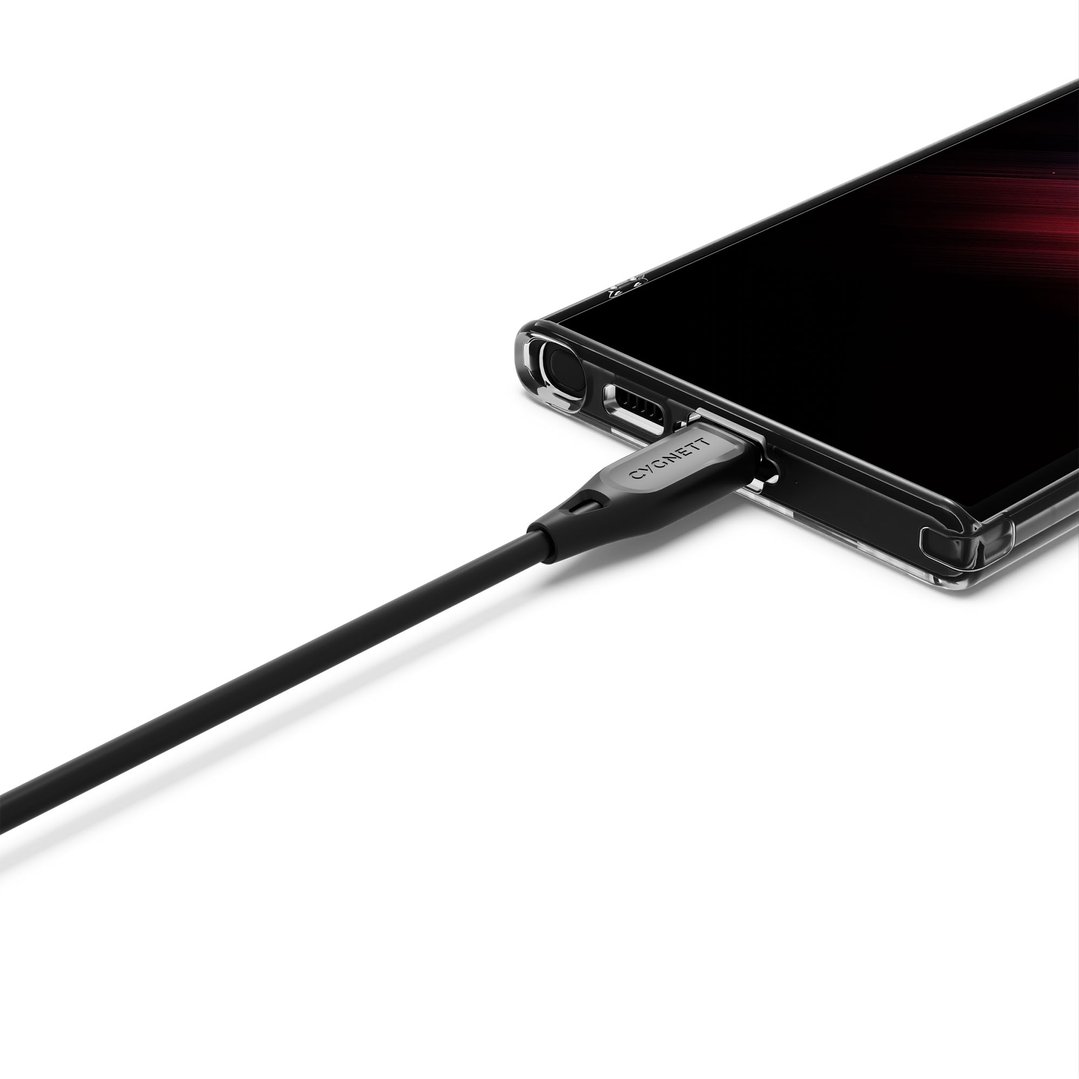 Black USB-C to USB-A cable plugged into a smartphone