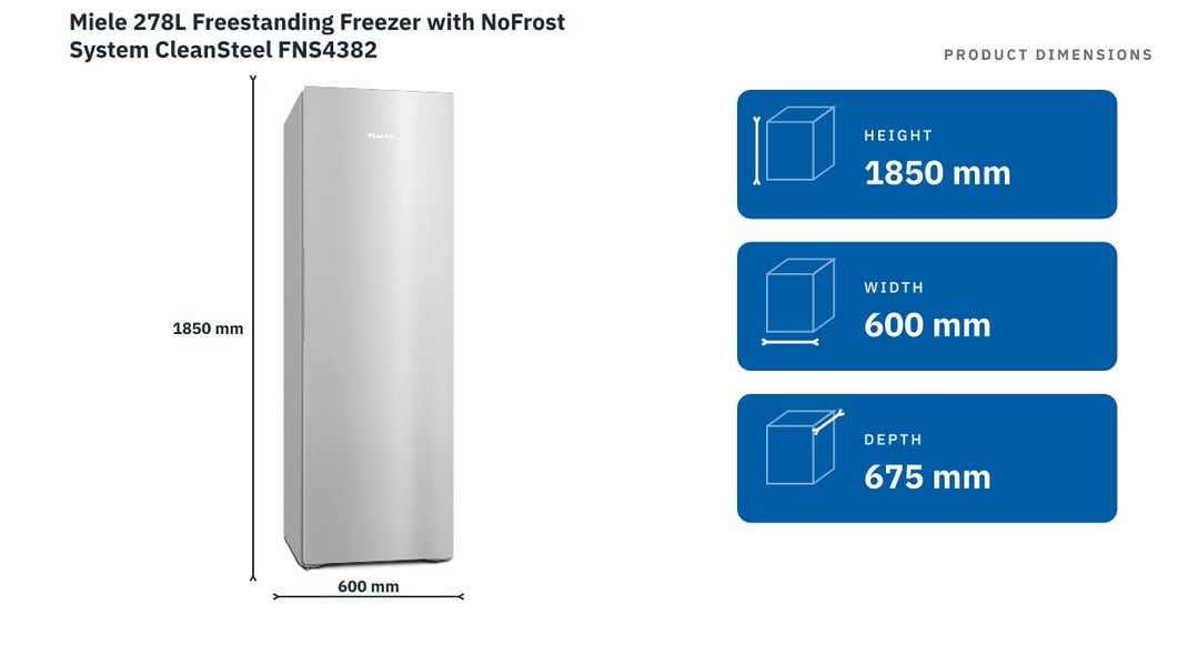 Miele 278L Freestanding Freezer with NoFrost System CleanSteel FNS4382 — product dimensions